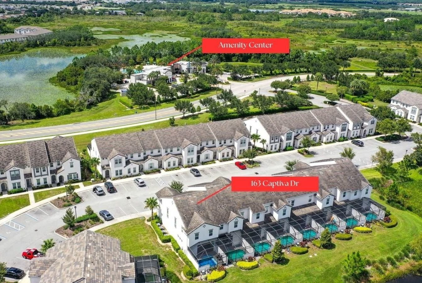 drone shot of townhome and amenity center pinned